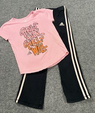 Adidas Girls Size 5 Outfit Pink Graphic T-Shirt Black 3 Stripe Pants 2 Piece
