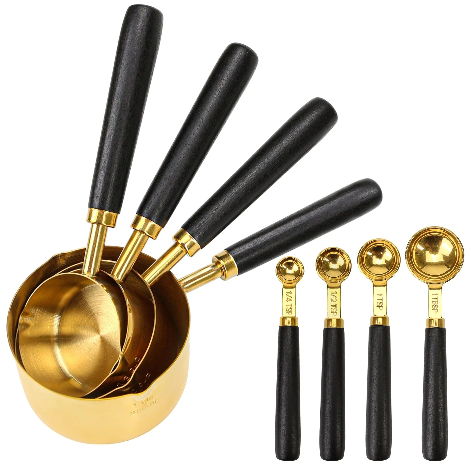Set of 8 Black and Gold Measuring Cups and Spoons, Wooden Handle Stainless St...