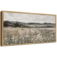 20x40in Extra Large Vintage Framed Wall Art Meadow with Flowers Landscape Pai...