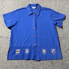 Vintage Made In USA BlackBerry Button Shirt Womens L Blue Embroidered Fruits