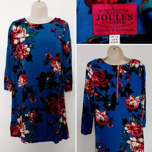 Joules Teal Green/Blue Pink Floral 3/4 Sleeve Tunic Dress 12 Smart Casual