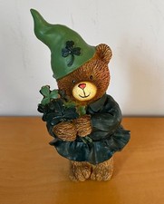 St Patrick's Day Bear Figurine Shamrock Bouquet and Hat 2009 St Patty's Day NWT
