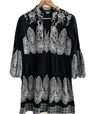 Venus Black White Embroidered Beads Mini Dress Bell Sleeve 6 Boho Western Lace