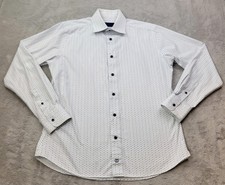 David Donahue Dress Shirt Mens 16-34/35 White Blue Geometric Print Trim Cotton