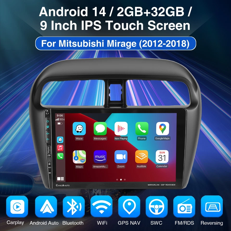 Radio de coche estéreo Carplay GPS navegación con cámara para Mitsubishi Mirage 2012-2018 9" Foto 2 de 4