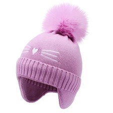 Cute Cat Winter Hat for Kids, Soft Knit Beanie with Ear Flaps Pom Pom for Bo...