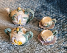 Vintage Resin Miniature Tea Set Iris Green Purple Teapot Sugar Bowl Cups Saucers