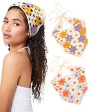 2 PCS Crochet Bandanas Floral Bandana Flower Orange Blue  Purple Yellow 