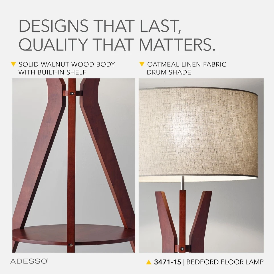 Lámpara de Pie con Madera de Nogal y Avena Lino Pantalla - 3 Vías Ajustable Br... Foto 4 de 4