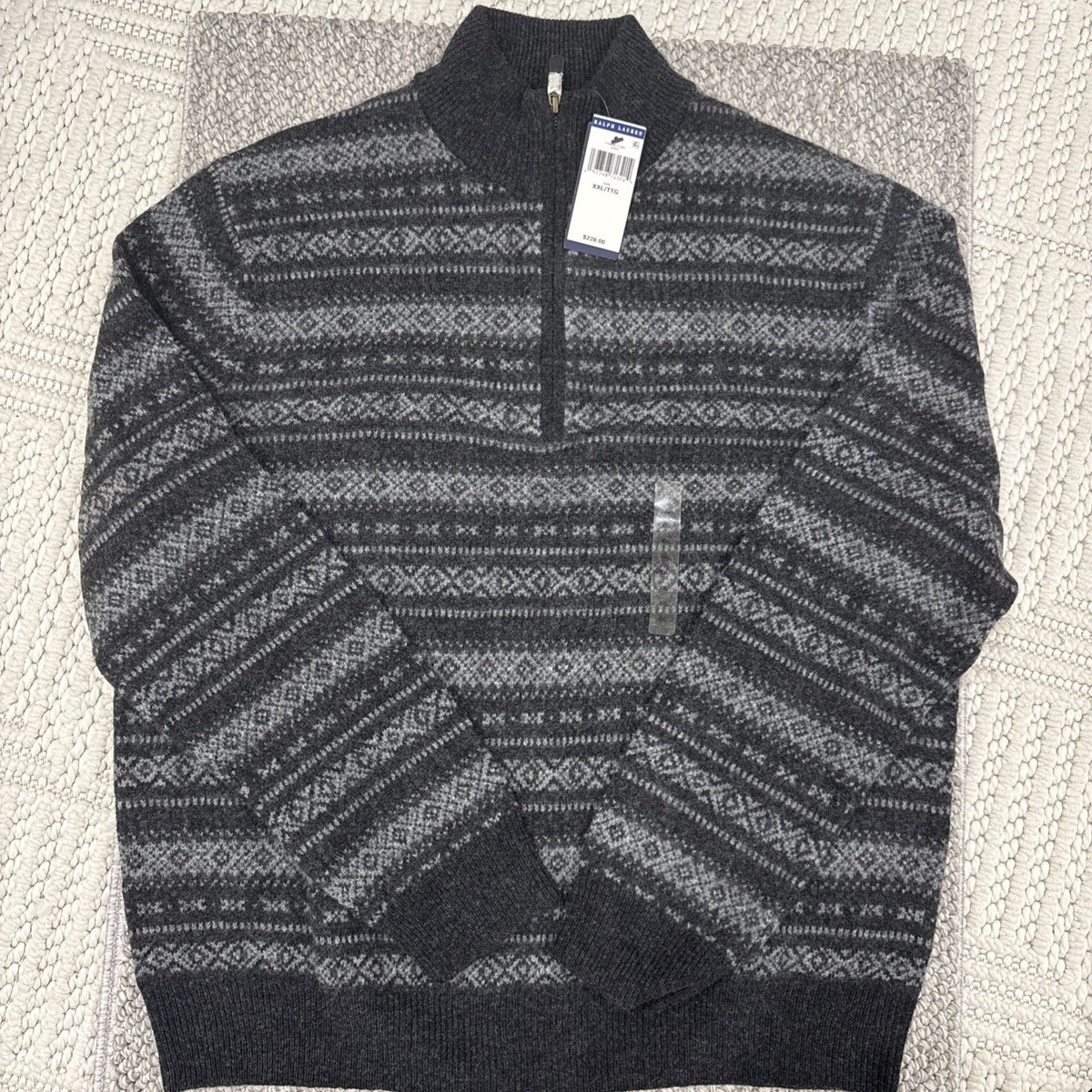 Polo Ralph Lauren Men's Grey Fair Isle 100% Wool Half Zip Sweater