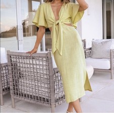 Lulus Summer Journey Women's Dress Midi Linen TieFront Cutout Side Slit S Green