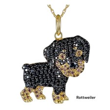 Rottweiler Dog Pendant Necklace Black  Gold Tone Crystal Pet Lover Gift