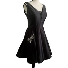 CLARISSE Black V Neck Rhinestone pockets and lace up back Dress Size 8