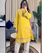 Woman Yellow Embroidered Kurta Set Women Rayon Kurti Pant Floral Ethnic Wear