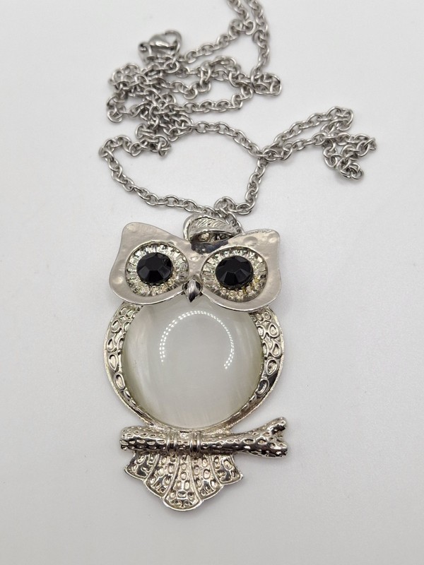 Fashion Owl Pendant Link Chain Necklace  24" White Cat Eyes Stone