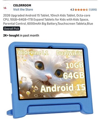 2026Upgraded Android 15 Tablet, 10inch Kids Tablet, Octa-core CPU, 10GB+64GB+1TB