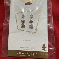 New Disney Unwritten 14k Gold Flash Plated Set Of 3 Pairs Of Girls Earrings