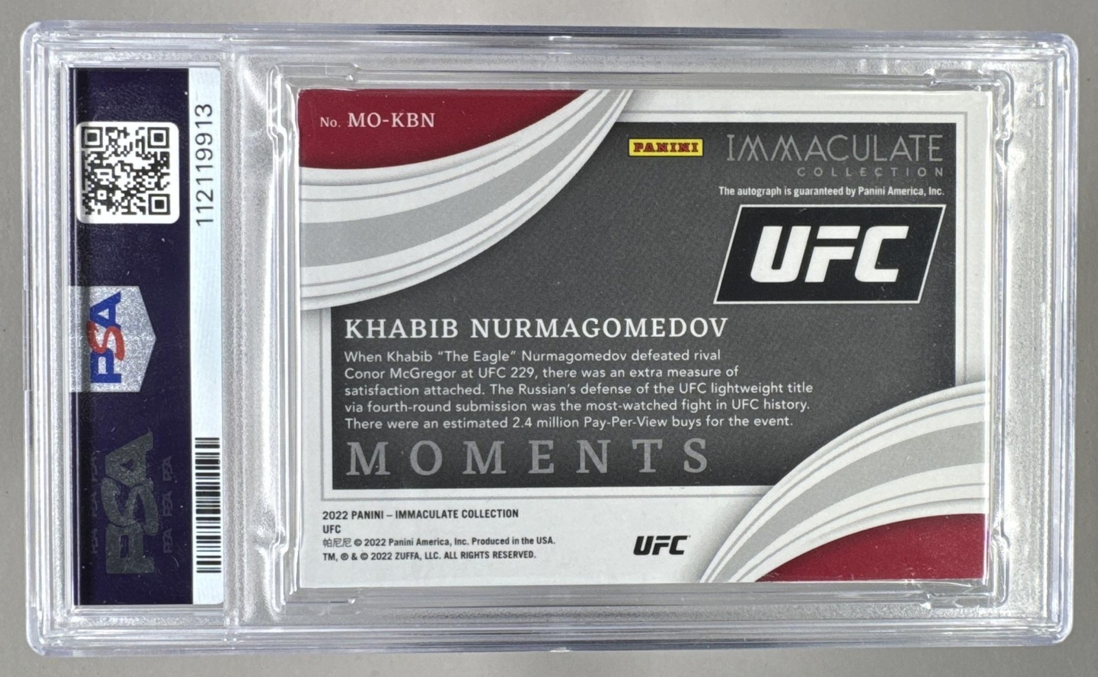 9913 Khabib Nurmagomedov 2022 Panini Immaculate UFC Moments Auto /49 PSA DNA 8 view 2