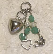 Puffy Heart Purse Charm Faux Pearls Green Beads Bird Bag Charm Key Chain Phone