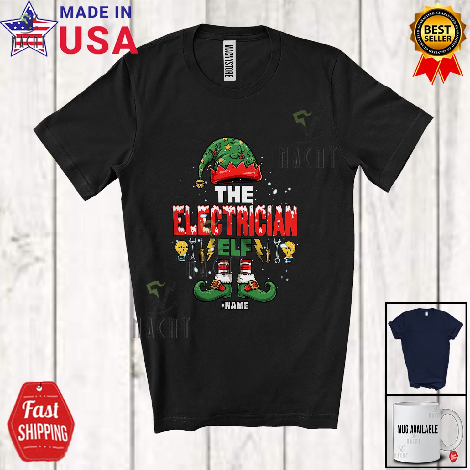 Nombre Personalizado El Elfo Electricista; Disfraz de Elfo de Navidad Juegos con disfraces Familia Camiseta