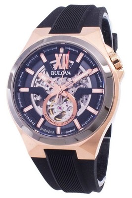 Bulova Classic Silicone Strap Black Dial 100M 98A177 Automatic Men's Watch