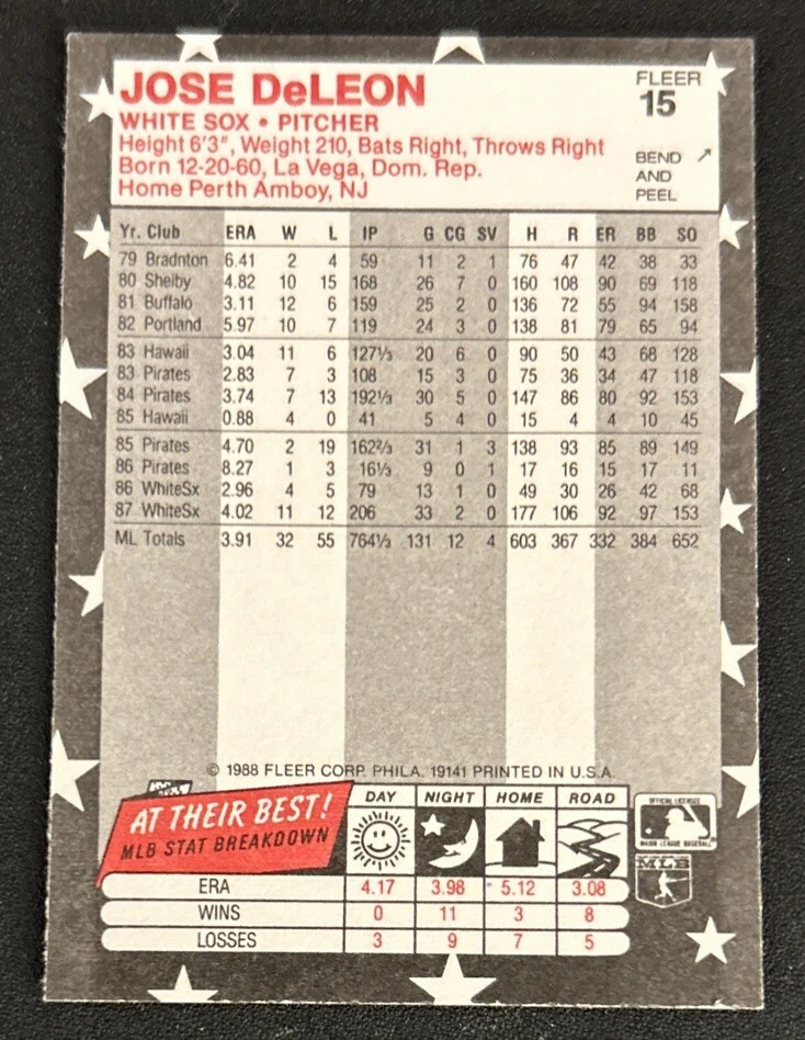 Tarjeta de béisbol Fleer Star 1988 calcomanías José DeLeón #15 lanzador de los Medias Blancas en muy buen estado buen estado Foto 2 de 2
