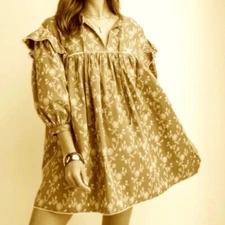 GIGIO BROWN WHITE FLORAL SIZE MEDIUM QUARTER BALLOON SLEEVES DRESS, NWOT