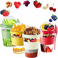 4x Yoghurt Cup with Spoon Dry Fruit Overnight Cereal Oats Food Container 600ML