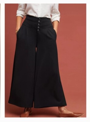 Anthro Ett:Twa Wide Leg Crop Pants Womens Small Black Stretch Pocket Hi-Rise