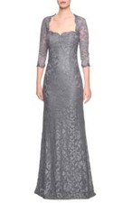 La Femme Platinum Shimmer Floral Lace Trumpet Gown Size 6 408