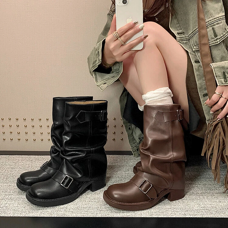 Women s 2023 Fashion Leather Round Toe Buckle Strap Calf Boots Slouchy Shoes SKG