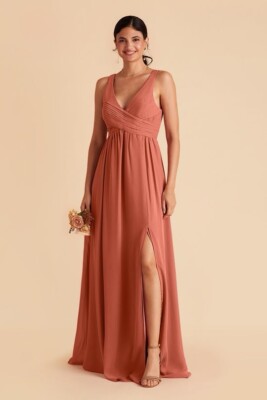 chiffon terracotta dress Terracotta Bridesmaid Dress Spaghetti Straps Cowl Neck Sheath/Coulmn Ruched Floor Length Chiffon Bridesmaid Dress With Slit