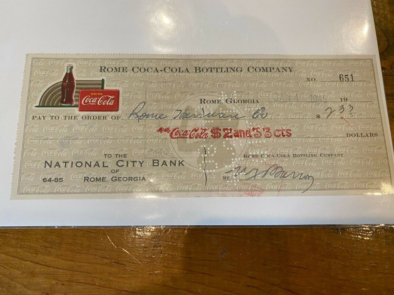 January 4, 1945 Coca Cola Cancelled Check Rome, Georgia # 651 | eBay
