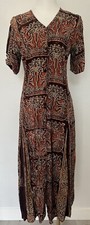 Khazana Boho Brown Ethnic Print Batik Button Up Pleated Bottom Maxi Dress Medium