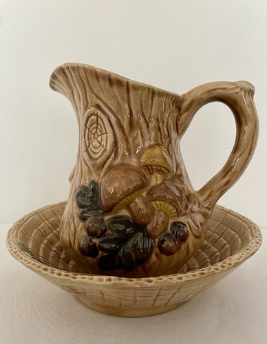 Vintage Ceramic Mushroom Pitcher And Dish 1970’s Retro Cottagecore 2 Piece Set