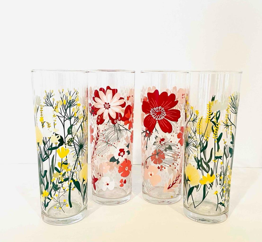 RARE! Fishs Eddy Garden Variety Wildflower & Poppy Glasses Set of 4