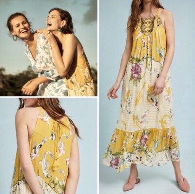 One September Anthropologie Paradiso Gold Koi Embroidery Ruffle Maxi Dress Sz M