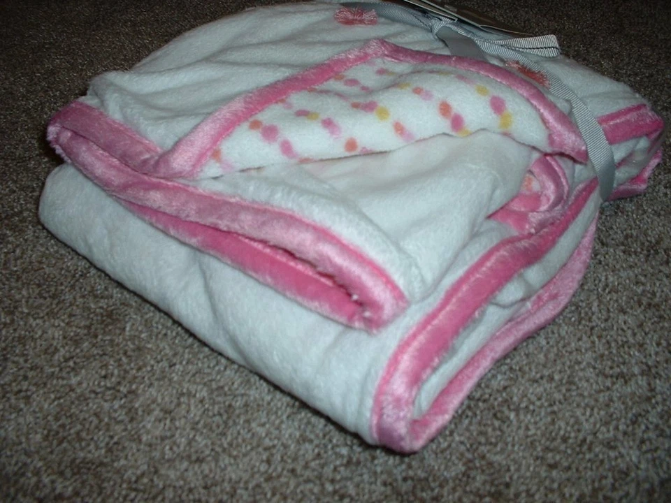 Just Born White Pink Fringe Colored Dot Baby Blanket Minky Fleece Girls NWT RARE - Image 3 of 4