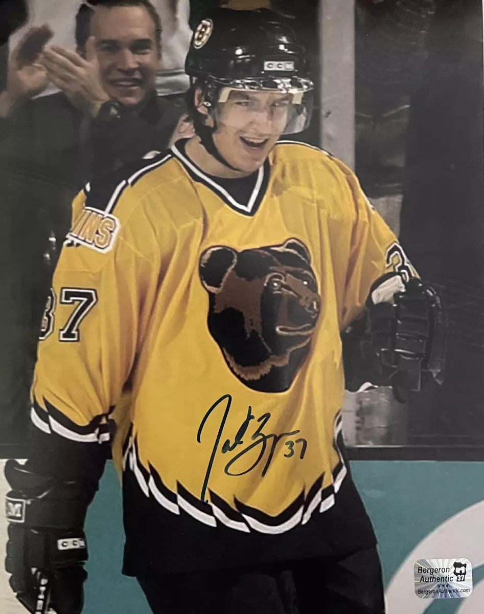 Patrice Bergeron Signed 8x10 Rookie Photo Boston Bruins Pooh Bear Jersey 