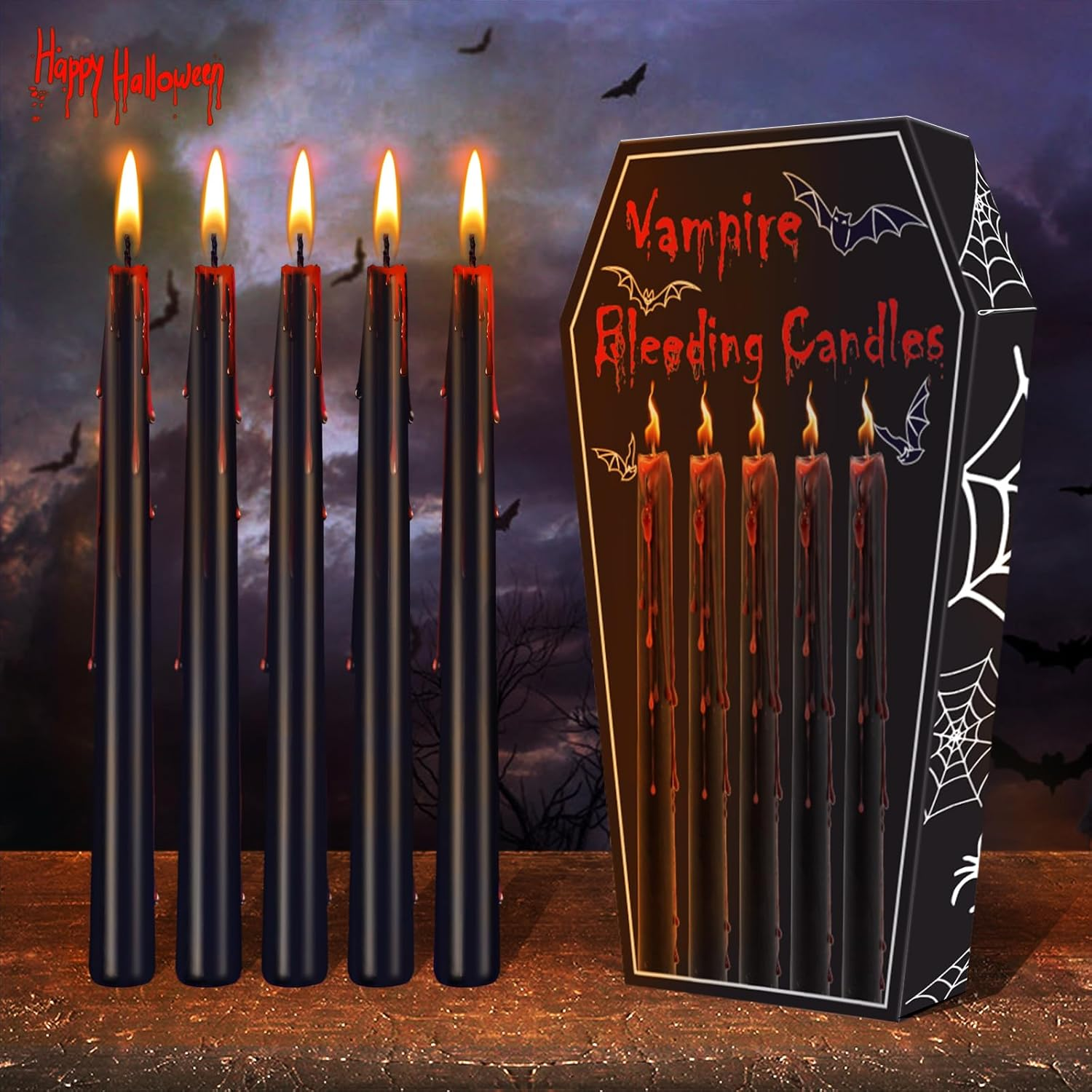 Spooky Halloween Bleeding Candles Set of 5 Black 10-Inch Tapers  