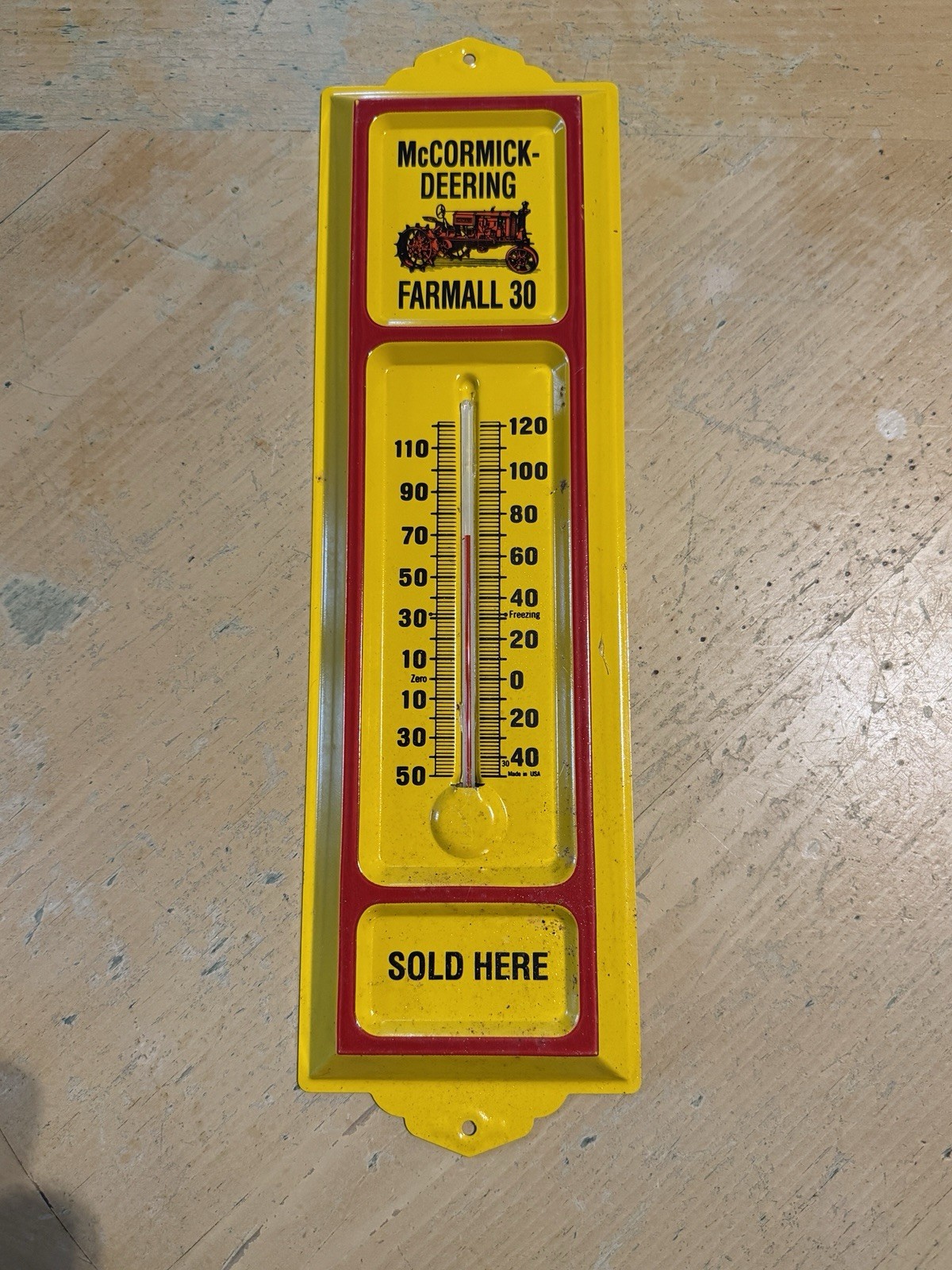 McCORMICK - DEERING FARMALL 30 SOLD HERE Advertising Embossed Thermometer