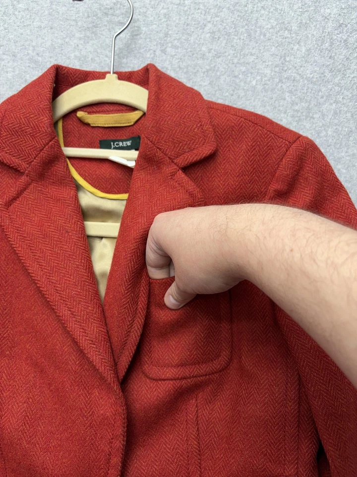 J.Crew Blazer Womens 0 Red Herringbone Wool Tweed One Button Lined Robert Noble - Image 3 of 4