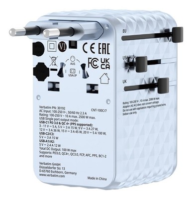 VERBATIM CHARGE 'N' TRAVEL 100W UNIVERSAL TRAVEL ADAPTER WITH RETRACTABLE CABLE