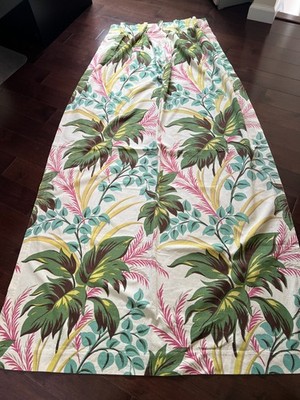 3 Mid Century Barkcloth Fabric Drape Curtain Panels + Extra Piece - Leaves