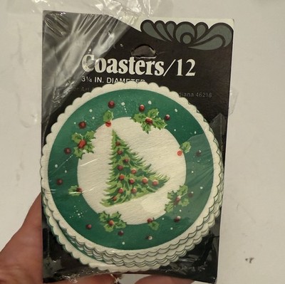 Vtg Paper Christmas Tree Coasters -Opened-Almost Full-Green Red & White-3.25 