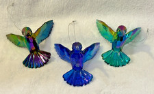 Set of 3 - Christmas Holiday Tree Ornaments - Green Blue Iridescent Hummingbirds