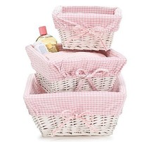 Set of 3 Baby Girl Nursery Storage Baskets - White Willow with Pink Cotton Gi...