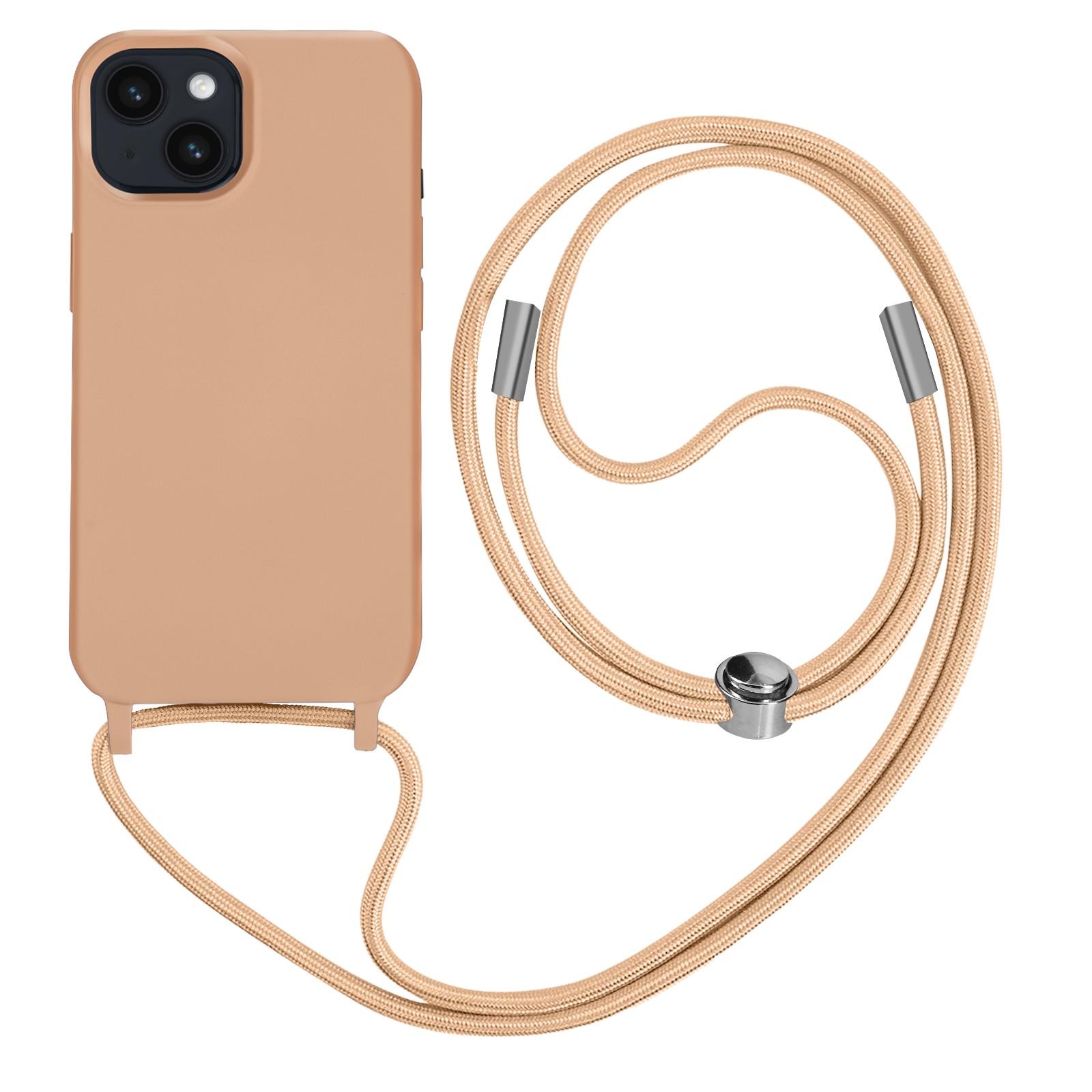 Coque cordon iPhone 14 Plus rose pour garder les mains libres en voyage