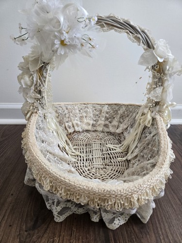 Vintage Ivory Beige Flower Girl Basket Wicker Lace Floral Wedding Decor 16"