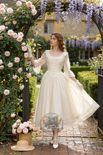 Woman Buttercream Organza Tea Dress Scalloped Lace Rose Gate 4X6 Fantasy Photo